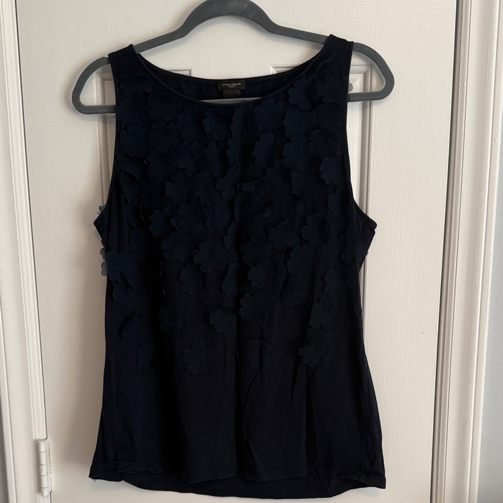 Ann Taylor Navy Sleeveless Floral Appliqué Tank